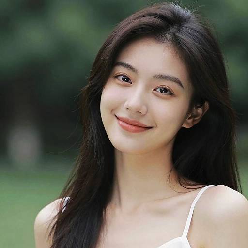 Photograph of a young Asian woman with long black hair, fair skin, and a gentle smile, wearing a white tank top, against a blurred green