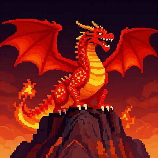 Pixel art of a fierce red dragon with glowing yellow belly, large wings, and sharp claws, perched on a rocky peak against a fiery sunset sky
