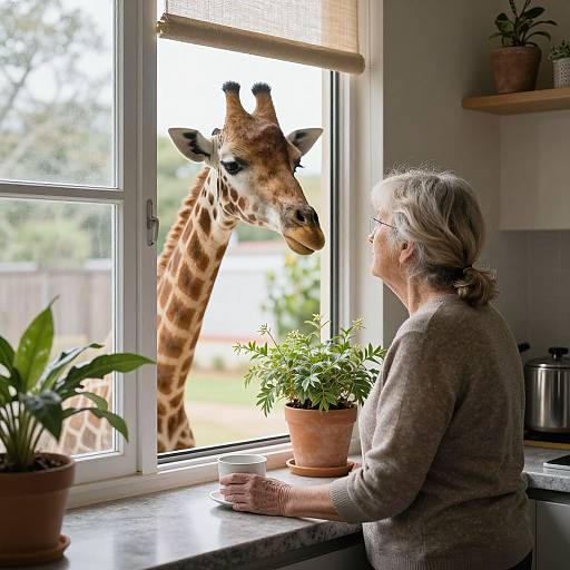 Photograph of an elderly woman with gray hair, wearing a beige sweater, sipping from a cup while a giraffe looks in through a window.