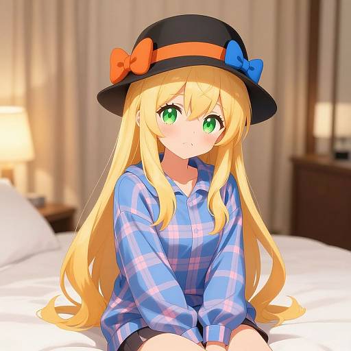 Anime-style digital illustration of a blonde girl with green eyes, wearing a black hat with orange and blue bows, and a blue plaid shirt, sitting