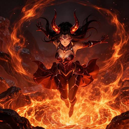 Digital artwork of a demonic, red-eyed woman with black hair, red horns, and black armor, leaping over fiery lava with swirling flames in a