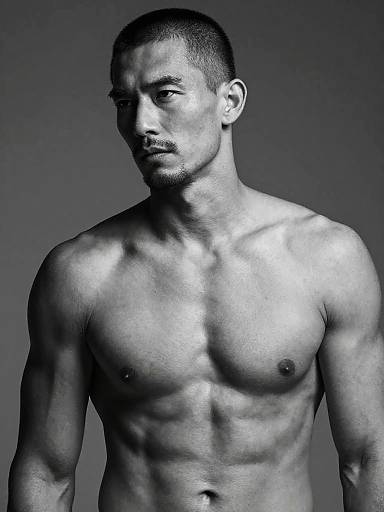 Photograph of a muscular, shirtless Black man with short hair and a mustache, gazing intensely at the camera in a high-contrast,