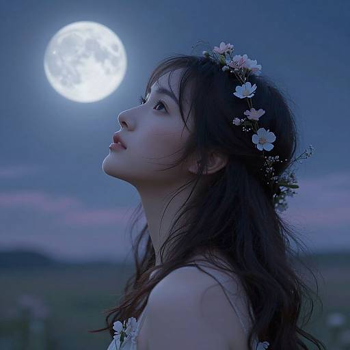 Photograph of an Asian woman with long dark hair and a flower crown, gazing at a full moon in a midnight blue sky.