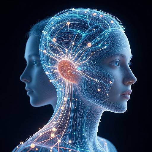 Digital illustration of a blue-lit, transparent human head with glowing neural network connections, showing a profile view against a black background.