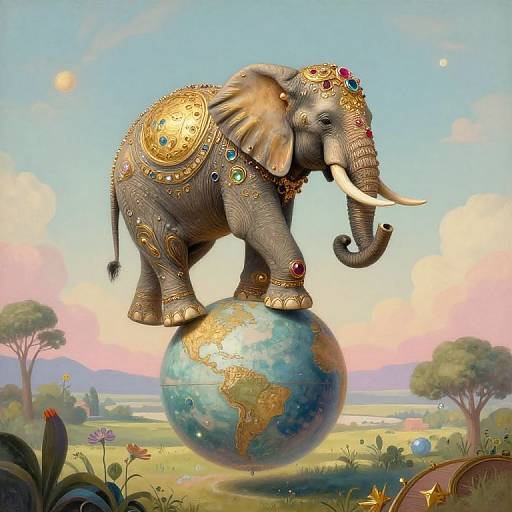 Fantastical digital art: ornate, jewel-encrusted elephant standing on a glowing Earth globe in a vibrant, whimsical landscape with colorful