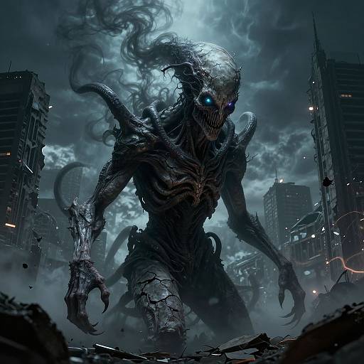 Digital art of a grotesque, monstrous creature with glowing blue eyes, skeletal-like features, and dark, twisted limbs, emerging from a ruined, fog