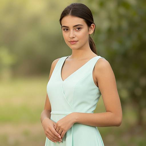 Photograph of a young woman with light brown skin and dark hair in a ponytail, wearing a sleeveless, light green dress, standing outdoors with
