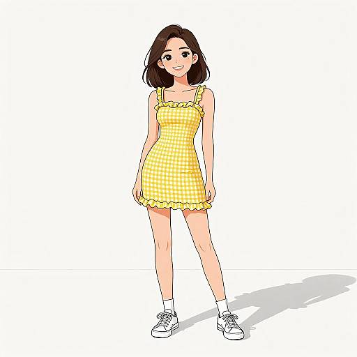Smiling Woman in Yellow Gingham Dress