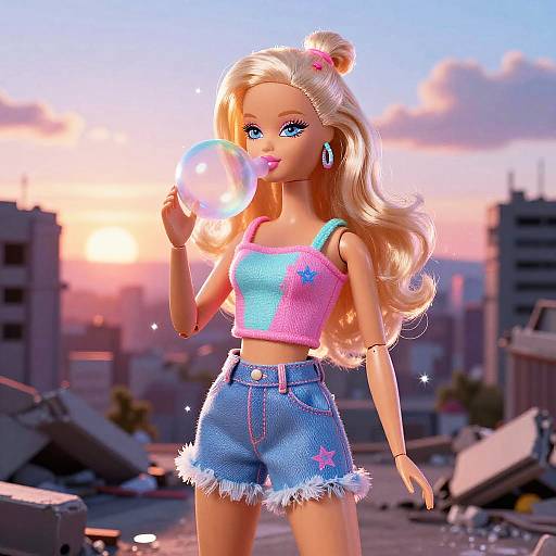 Digital artwork of a blonde Barbie blowing a bubble in a sunset cityscape, wearing a pink and blue striped crop top and denim shorts with star patterns.