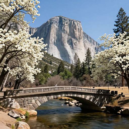 Photograph of a stone bridge over a calm river, flanked by blooming white cherry blossoms, with Yosemite's towering granite cliffs in the background