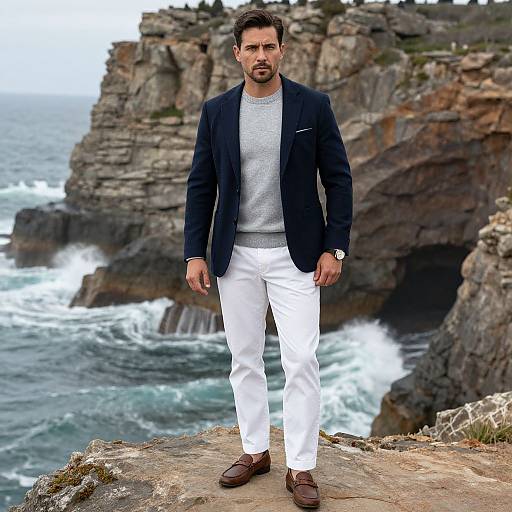 Photograph of a bearded man in a navy blazer, gray sweater, white pants, and brown shoes standing on a rocky cliff overlooking the ocean