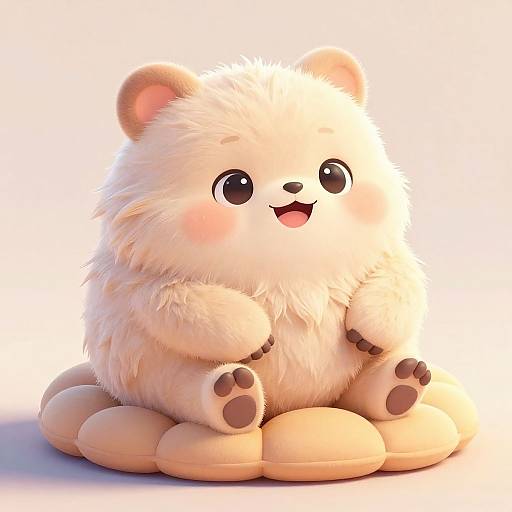 Adorable, fluffy, white, digital CGI bear cub with large, round eyes, pink blush, and brown paws, sitting on a beige cushion