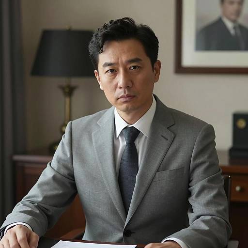 Serious businessman in gray suit at desk