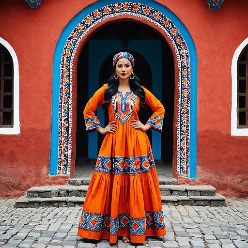 Woman in Vibrant Orange Ankara Dress by Archway