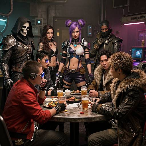 Digital artwork of a cyberpunk bar scene with six diverse, armored characters; a purple-haired woman stands center, surrounded by gamers. Neon lights, drinks