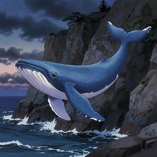 Digital illustration of a blue whale with glowing white pectoral fins, swimming near rocky cliffs under a dramatic, dark blue twilight sky.