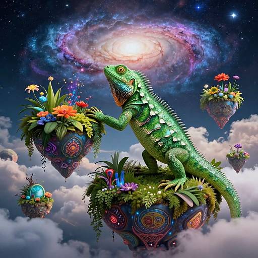 Digital art: Green iguana with intricate scales, perched on a floating, flower-adorned orb, surrounded by swirling galaxies and colorful cloud