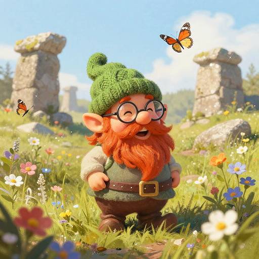Whimsical CGI of a red-bearded leprechaun with green hat and glasses, surrounded by colorful flowers, two butterflies, and stone ruins