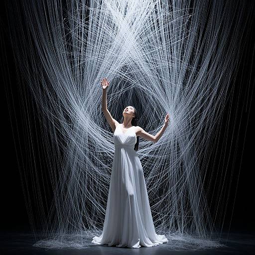 Photograph of a woman in a white, sleeveless wedding gown, standing amidst a radiant, starburst-like array of white strings against a black background