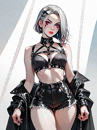 Gothic Fashion Woman in Black Leather Outfit