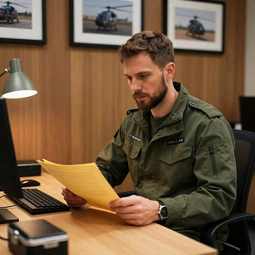 Focused Man in Military-Style Office