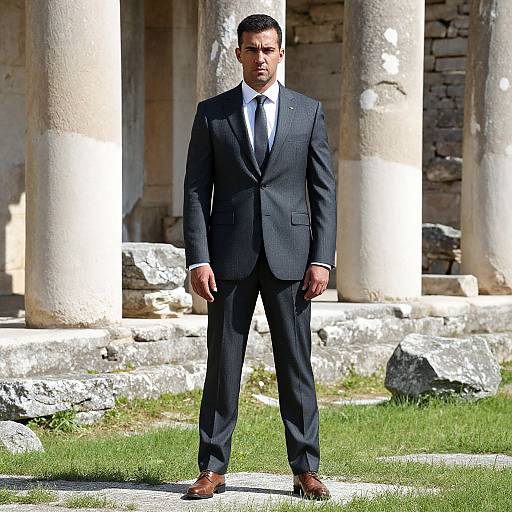 Photograph of a serious, dark-haired man in a black pinstripe suit, white shirt, and brown shoes standing before ancient stone columns and grass