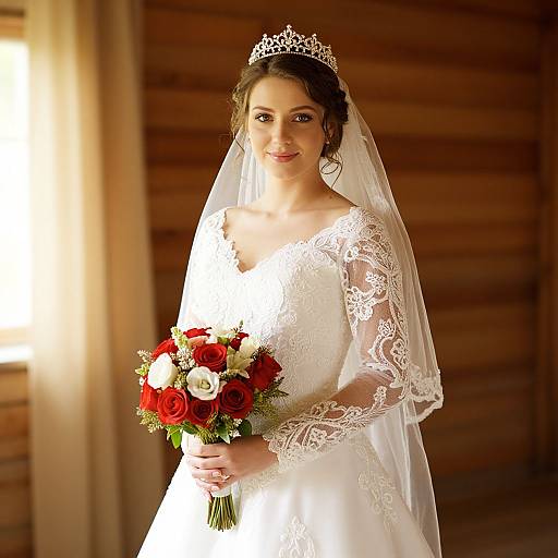 Photograph of a smiling bride in a white lace wedding dress, holding a red and white rose bouquet, wearing a tiara and veil, in a