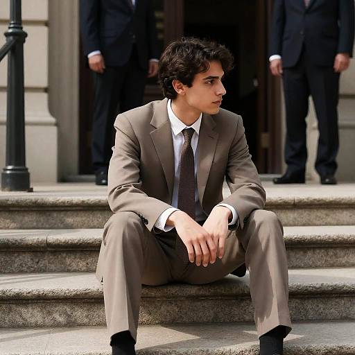 Young Man in Brown Suit Sitting on Steps