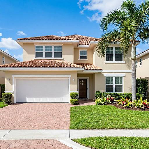 Photograph of a two-story suburban house with beige stucco, red tile roof, white garage doors, brick driveway, lush green lawn, palm