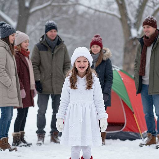 Photograph of a smiling young girl in a white winter outfit, surrounded by six adults in winter clothes, standing in a snowy park with a red and
