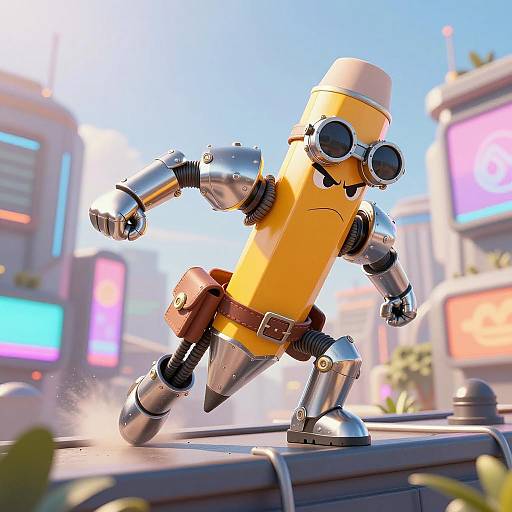 Anthropomorphic Grumpy Pencil Knight Leaping on Neon City Rooftop