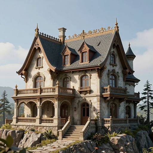 Photograph of a grand, gothic-style Victorian mansion with ornate woodwork, arched windows, and a steep, shingled roof,