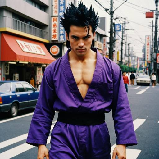 Japanese Man in Purple Jumpsuit on Tokyo Street