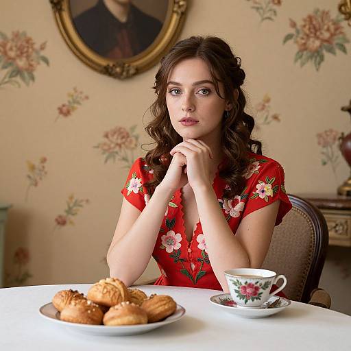 Photograph of a young woman with wavy brown hair in a red floral dress, sitting at a table with pastries and a teacup,