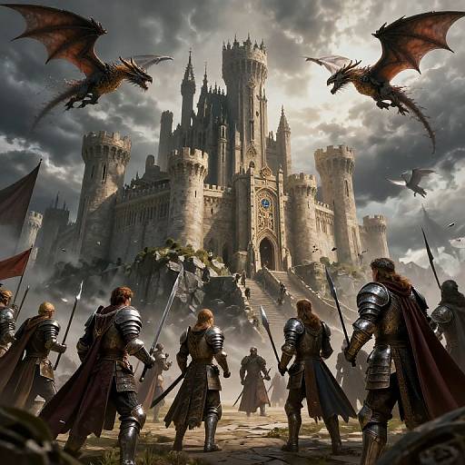 Digital fantasy artwork: Armored knights with swords face two flying dragons before a towering, sunlit medieval castle with a clock tower.