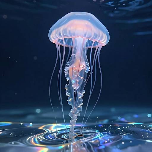 Photograph of a glowing, translucent jellyfish with pink and blue hues, floating in dark blue water, creating colorful ripples below.