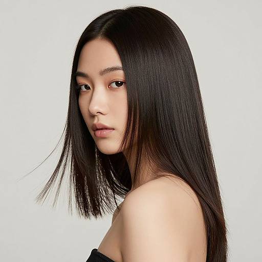 Photograph of an East Asian woman with long, straight black hair, fair skin, and neutral expression, wearing a black strapless top, against a