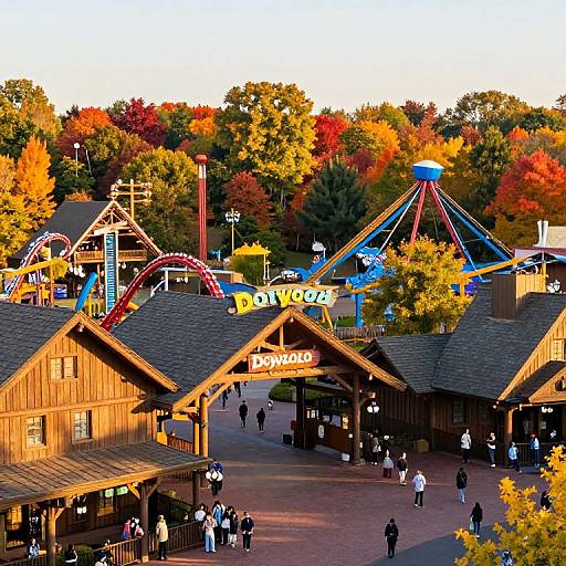 Photograph of a vibrant amusement park at sunset, featuring wooden buildings, colorful signs (