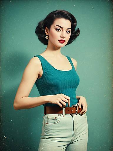 Vintage Style Woman in Teal Tank Top and High-Waisted Jeans
