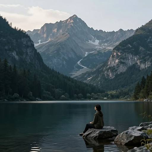 Photograph of a lone person with dark hair sitting on a rock by a serene lake, with majestic mountains and a winding river in the background under a