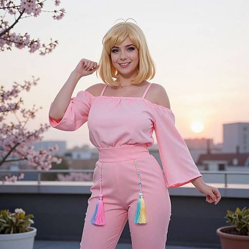 Photograph of a smiling blonde woman in a pink off-shoulder jumpsuit with colorful tassels, standing on a rooftop at sunset, cherry