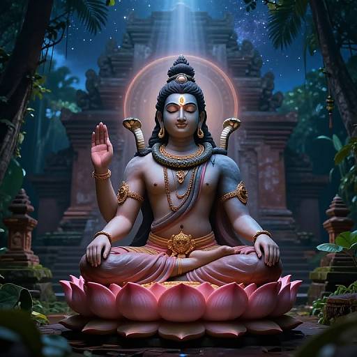 Digital artwork of a serene blue-skinned Hindu deity with four arms, seated on a pink lotus, raising one hand, in a dark, mystical