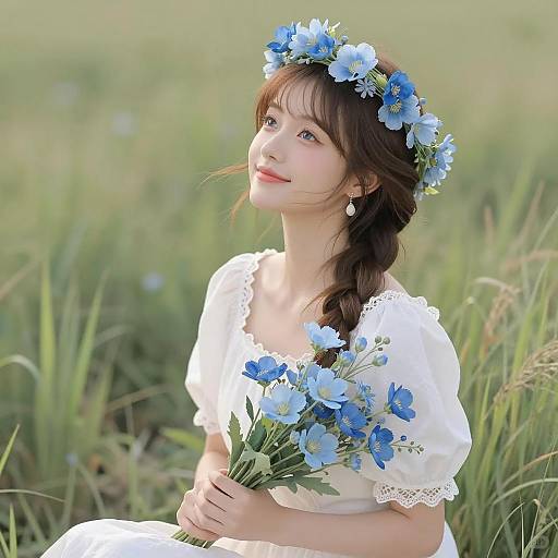 Young Woman with Blue Flower Crown in Field