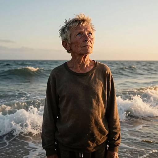 Photograph of an elderly woman with short, disheveled blonde hair, wearing a dark, wet sweater, standing on a beach at sunset, waves