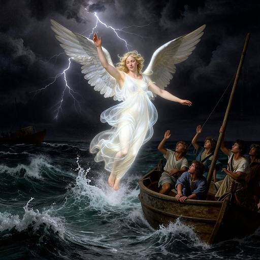 Photograph-style digital art: Angelic woman with glowing white dress and wings, lightning bolt, saves storm-tossed wooden boat with terrified men. Dark