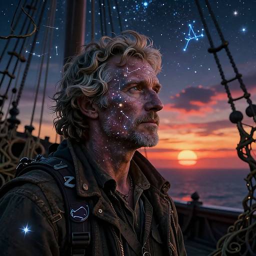 Photographic-style digital art of a bearded, wavy-haired man with star constellations on his face, gazing at a vibrant sunset over