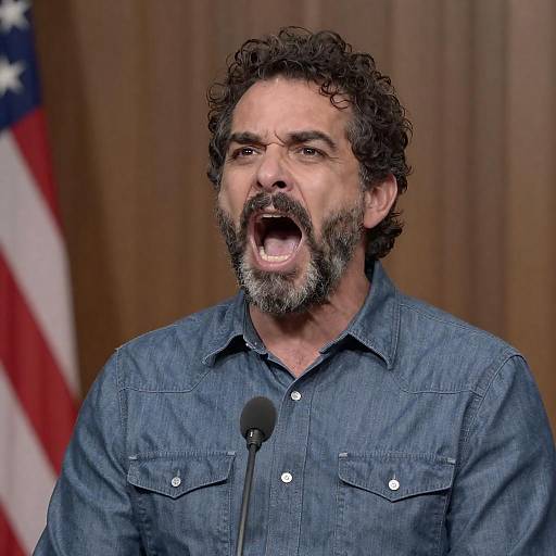 Middle-Aged Man Shouting at Podium