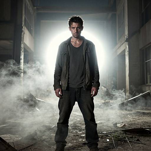 Photograph of a rugged, dark-haired man in black clothes standing in a smoky, dilapidated, industrial building with intense white light behind him