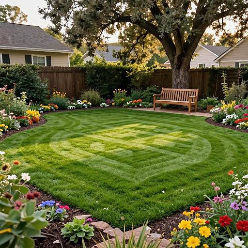 Geometric Mowed Lawn with Cozy Bench