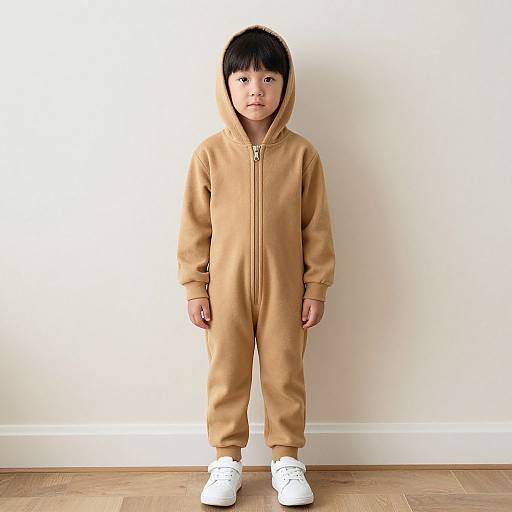 Photograph of an Asian boy with black hair, wearing a tan hooded onesie and white sneakers, standing against a white wall on wooden flooring.